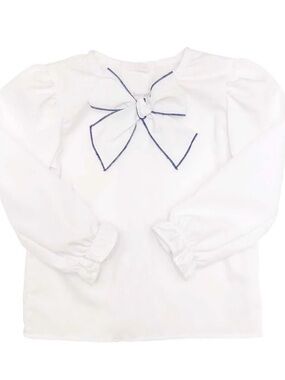 Size 6 TBBC Beatrice White Long-Sleeve  blouse with Nantucket  Navy-Trim Bow